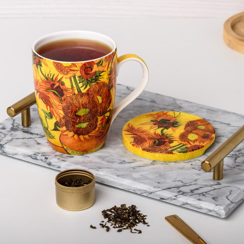 McIntosh Mugs Van Gogh Sunflowers Fine Bone ChinaTea Mug with Lid and Infuser (15 oz) - Image 3